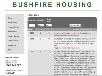 A simple online directory helps bushfire victims find suitable emergency accommodation